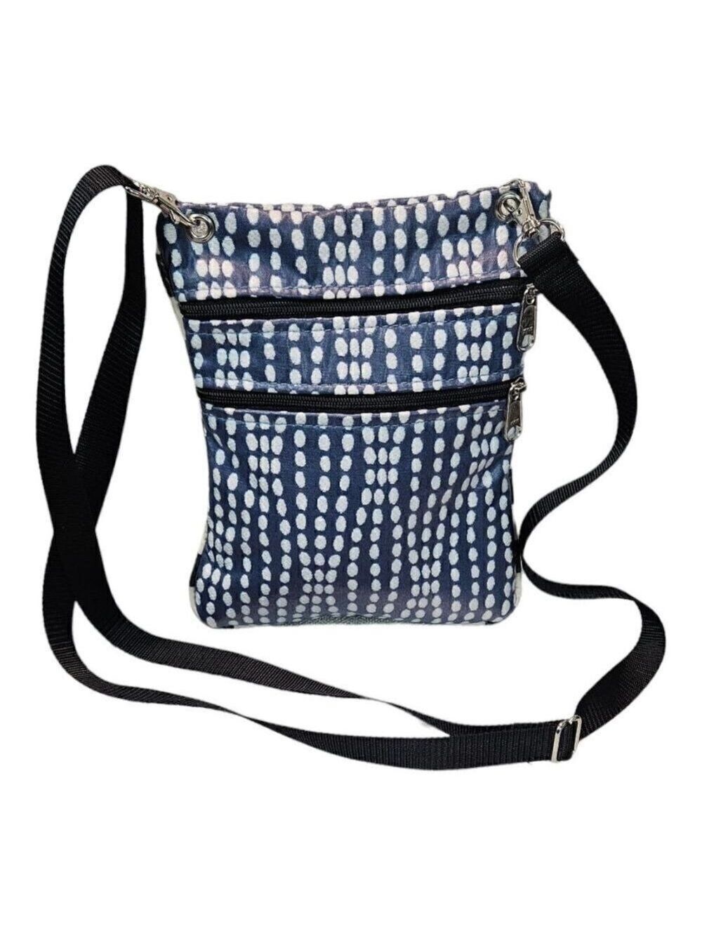 Womens Navy Blue White Wavy Dots Double Zip Bohemian Crossbody Satchel Bag - Picture 6 of 13
